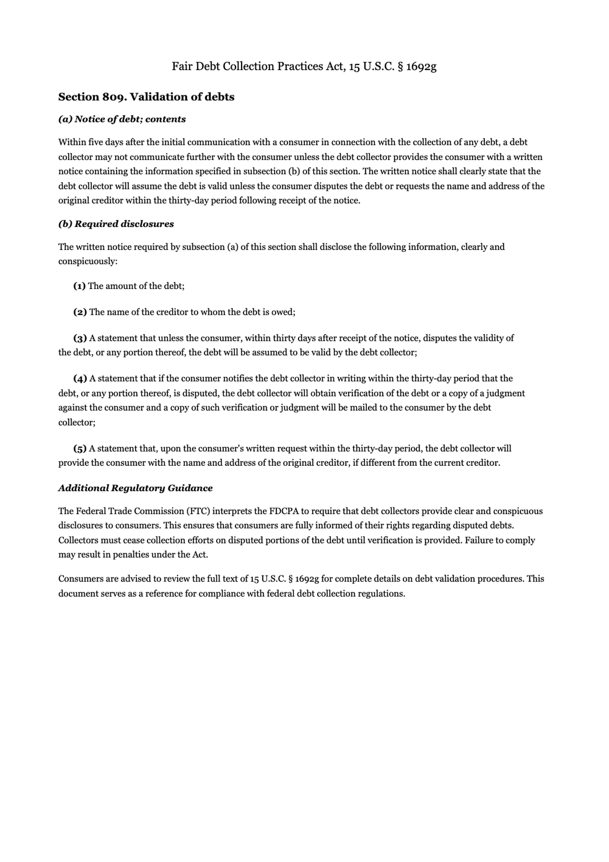 Legal statute text on debt validation requirements under Section 809_variant_1